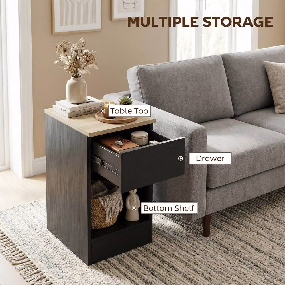 STILVORA Modern Black Bedside Table with Drawer and Shelf – 6