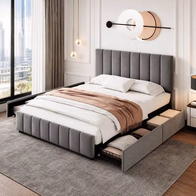 STILVORA Double Upholstered Velvet Bed with Storage Drawers in Grey, W/D/H: 140 x 200 cm
