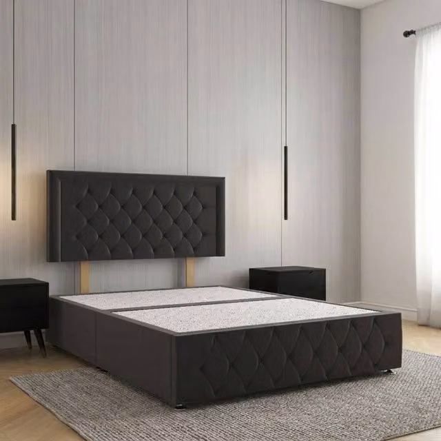 Regional Furnishings Super King Divan Bed with 24 inch Plush Velvet Headboard and Footboard in Black, W/D/H: 200 x 200 cm