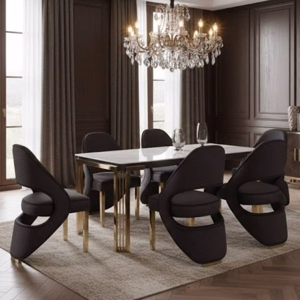 HOME LUXE INTERIOR Sorrento White Marble Rectangular Dining Table and 6 Santorini Black and Gold Chairs – 4