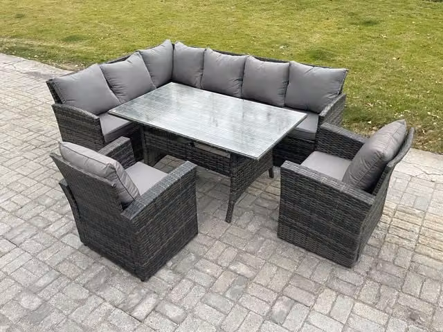 Fimous 8 Seater Outdoor Rattan Garden Furniture Set with Rectangular Dining Table, 2 Armchairs and Corner Sofa in Dark Grey