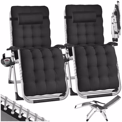 tectake Set of 2 Black Textilene Sun Loungers with Powder Coated Steel Frame, Adjustable Headrest, Armrests and Side Tray – 1