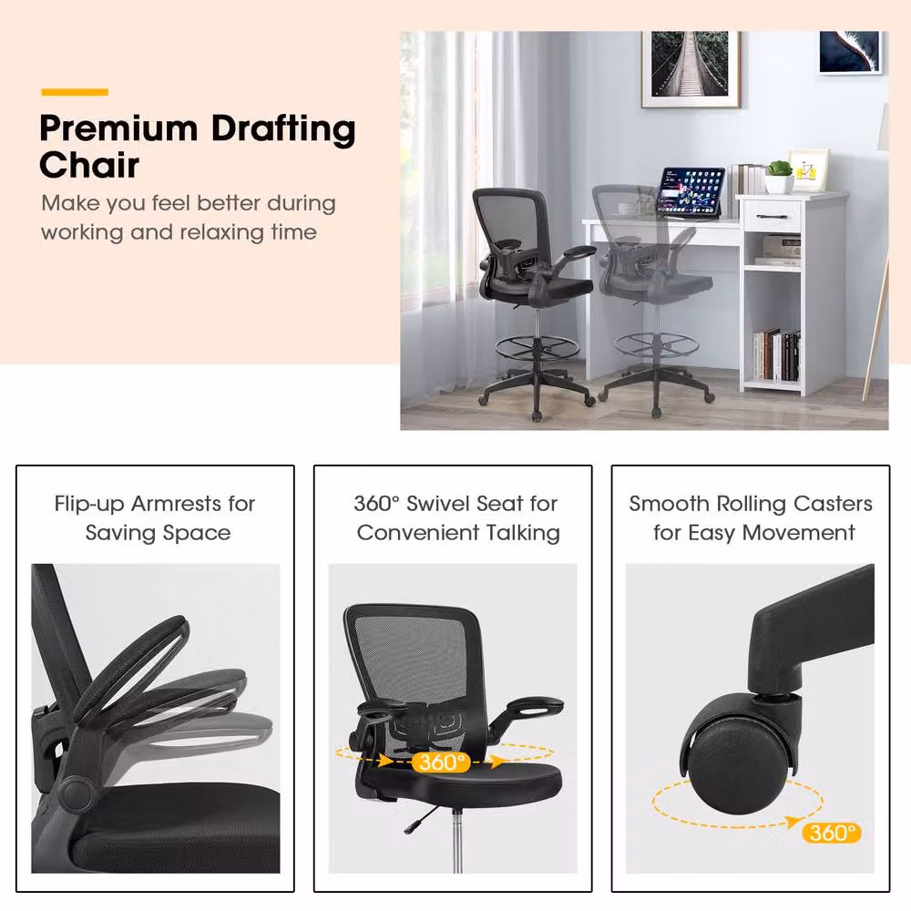 Gymax Ergonomic Black Mesh Drafting Chair with Flip-up Armrests and Swivel Base – 3