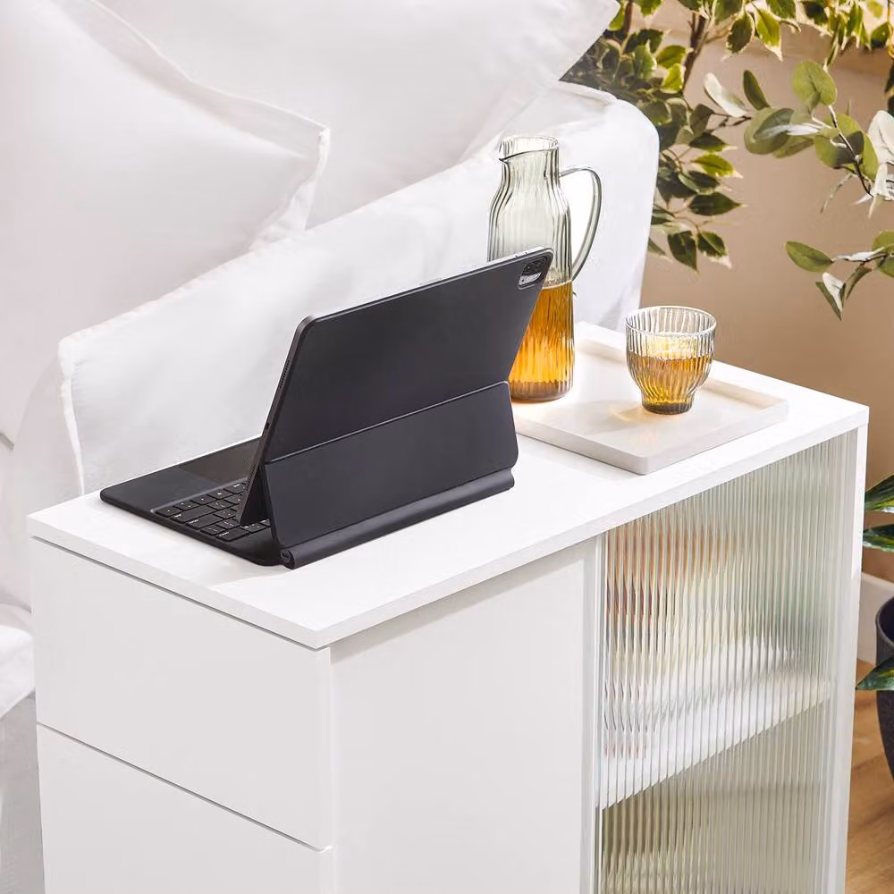 SoBuy Mobile Coffee Table with Glass Doors and Castors in White – 3