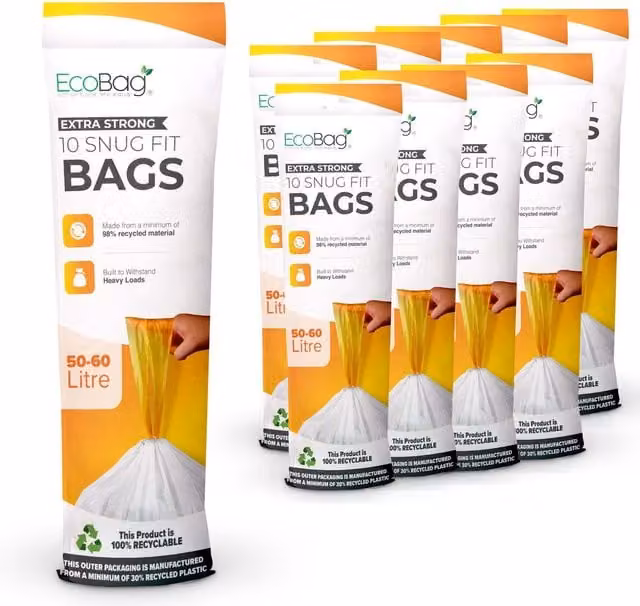 EcoBag White Heavy Duty Drawstring Kitchen Bin Liners, 100 Pack, 50-60L, W: 62.0 cm, H: 81.0 cm – 1