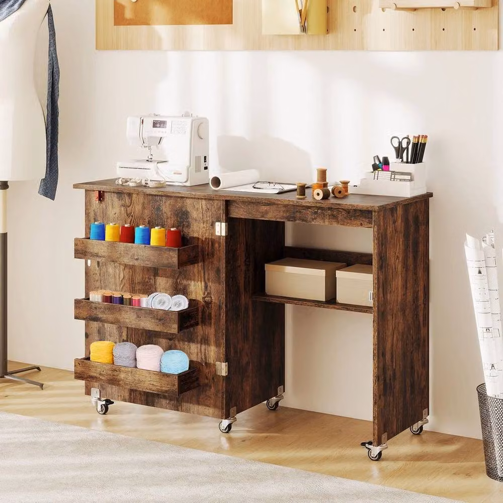 Kelvenix Brown Folding Sewing Table and Rolling Craft Station with Castors – 4