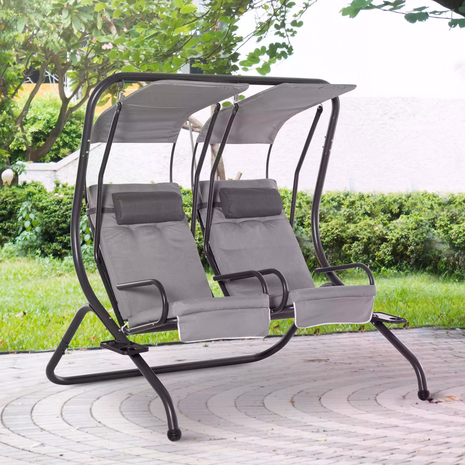 Outsunny Modern Garden Swing Set with Double Seat and Two Separate Relax Chairs in Grey – 2
