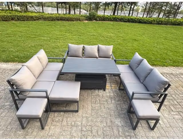 Fimous Modern L-Shape Aluminum Patio Conversation Set in Dark Grey with 3-Seater Sofa, Lifting Coffee Table and Ottomans