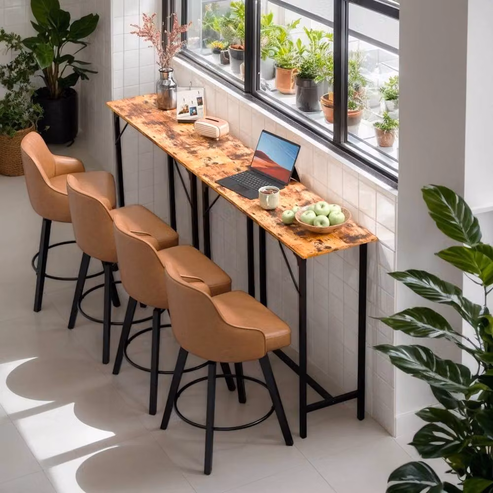 FLAVORA Industrial Rectangular Kitchen Breakfast Bar Dining Table with Brown Wood Top and Black Metal Legs – 5