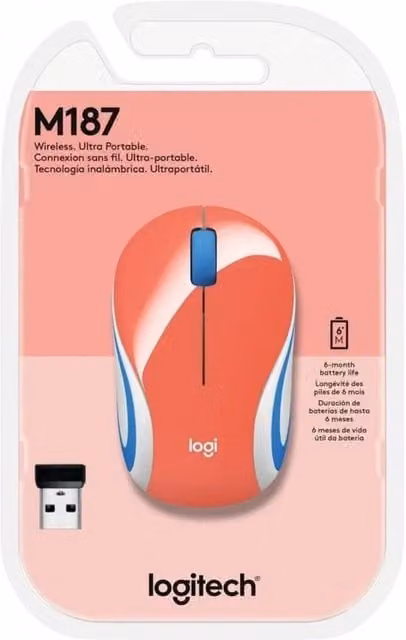Logitech M187 Mini Wireless Mouse, Orange