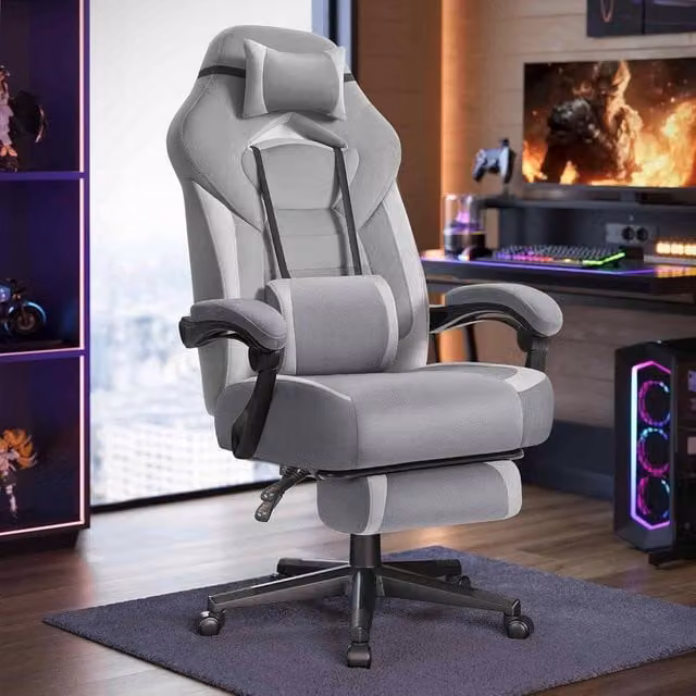 The Bazaarist Ergonomic Grey Velvet Fabric Gaming Chair with Headrest and Armrests – 1