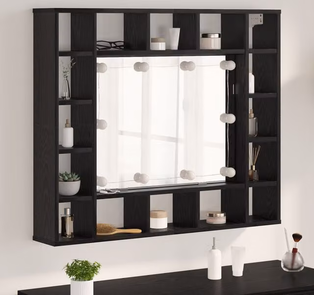 Berkfield Home Wall-mounted Mirror Cabinet with LED Lighting and Internal Shelves in Black Oak – 1