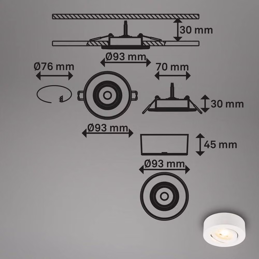 Briloner White LED Recessed Spotlight, 450lm, 3000K Warm White, Dimmable and Adjustable Ceiling Light – 6