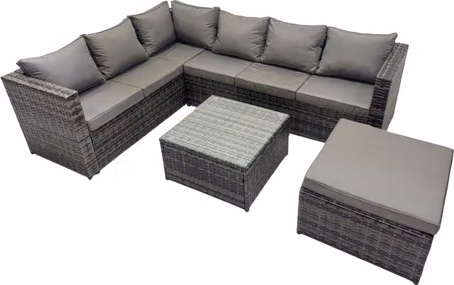 Fimous Modern L-Shape Patio Furniture Set in Dark Grey with Corner Sofa, Coffee Table and Matching Ottoman
