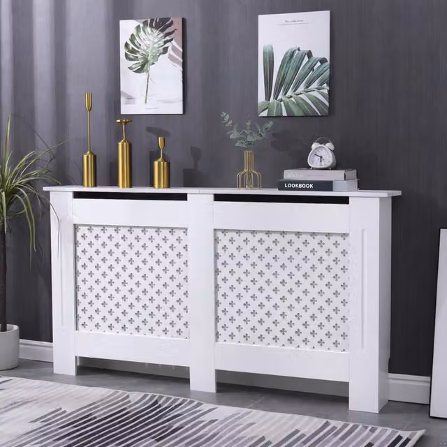 Home Treats White Lacquered MDF Radiator Cover with Geometric Air Vents, Width: 112 cm