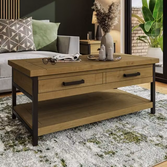 FWStyle Driftwood Lacquered Solid Pine Coffee Table with 2 Drawers in Brown and Grey