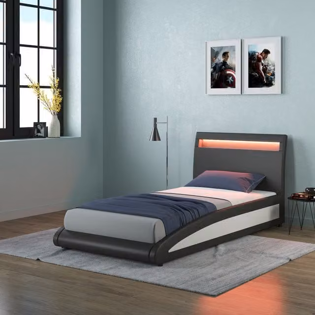 SlumberWorx Modern Upholstered Black Synthetic Leather Bed Frame, Width: 100 cm