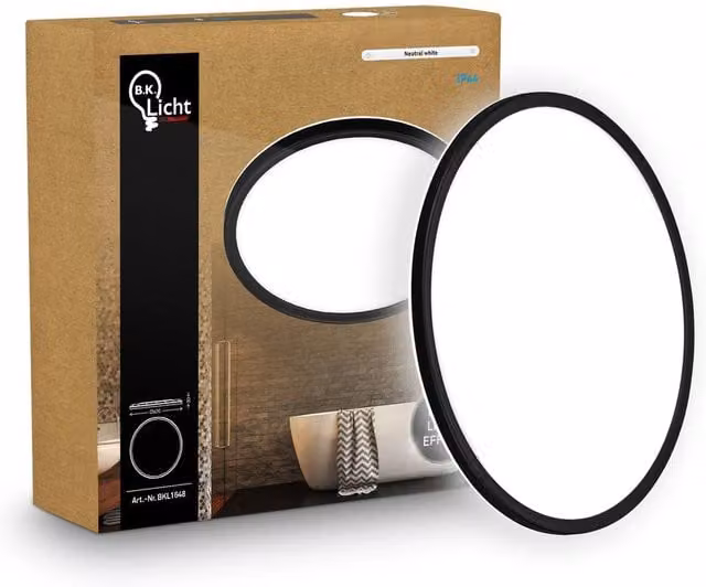 B.K.Licht Black LED Slim Panel Ceiling Light for Bathroom and Living Room, 22W, 3000lm, 4000K, IP44, W/D/H: 42 x 42 x 3 cm