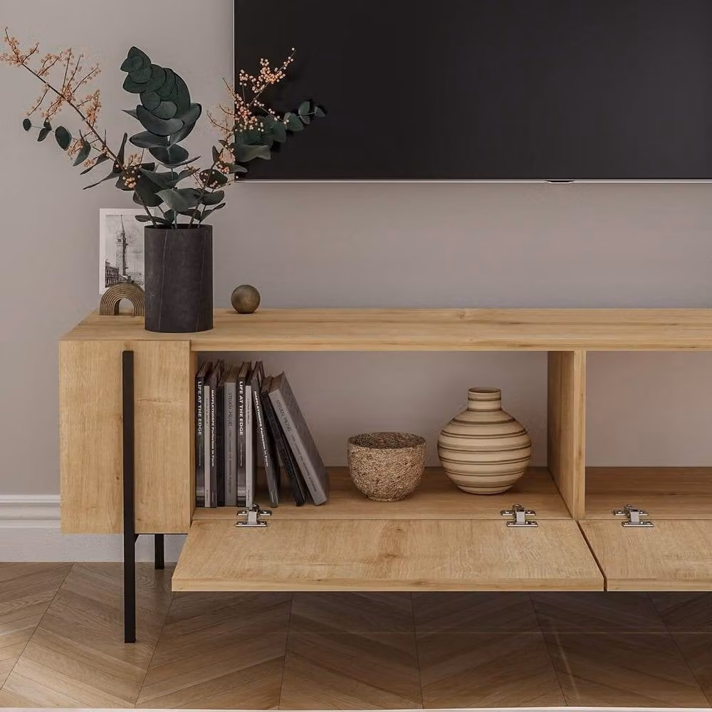 CALICOSY Hermione 2-Door Modern TV Stand in Oak with Metal Legs, Width: 160 cm – 4