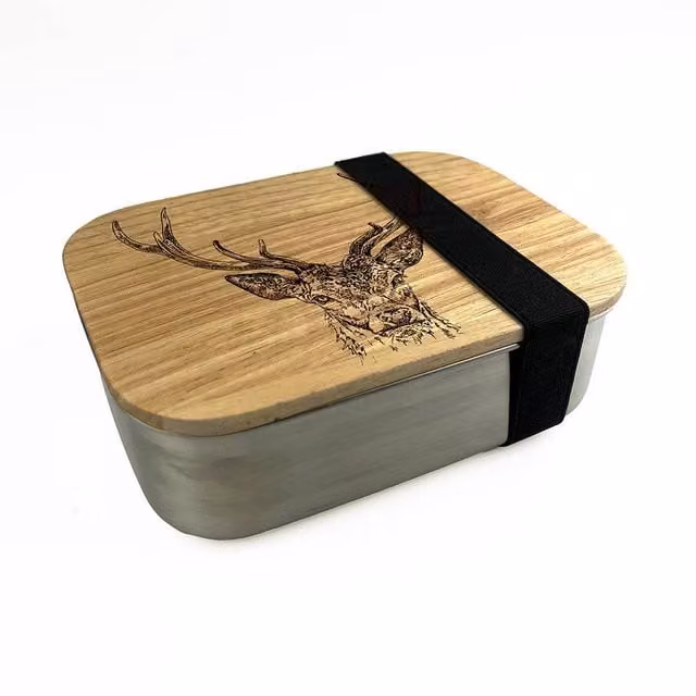 Selbrae House Stag Prince Lunch Box in Light Oak and Brown Wood with Stainless Steel