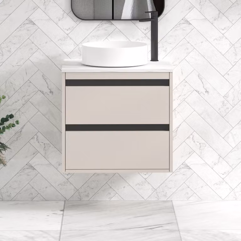 Royal Bathrooms Orion 600mm Wall Hung Vanity Unit in Warm Taupe with 2 Drawers, Art Basin and Black Accent Trim