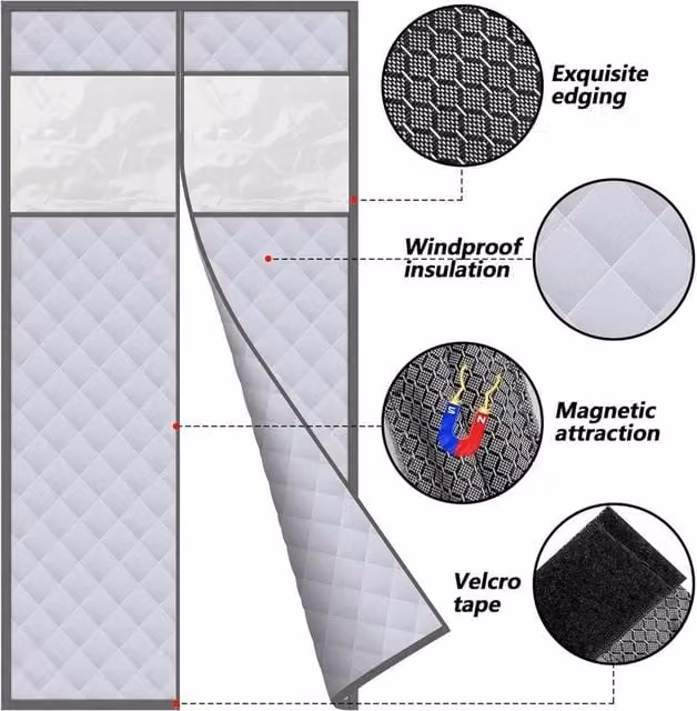 VOGREX Magnetic Thermal Door Curtain in Grey, Windproof Oxford Cloth, Width: 90 cm, Height: 210 cm