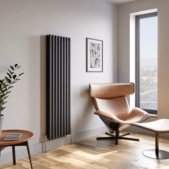 Temprazo Vertical Oval Tube Double Panel Designer Radiator in Anthracite Grey, H: 160 cm x W: 36 cm x D: 7.9 cm