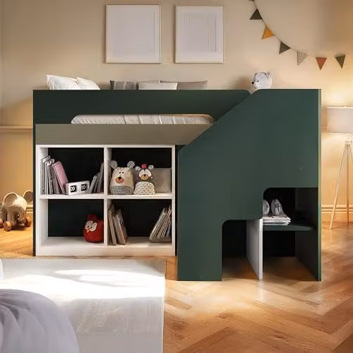 Flair Quinn Mid Height Staircase Mid Sleeper Bed with Storage in Green and White, W/D/H: 195.65 x 90 x 142.4 cm