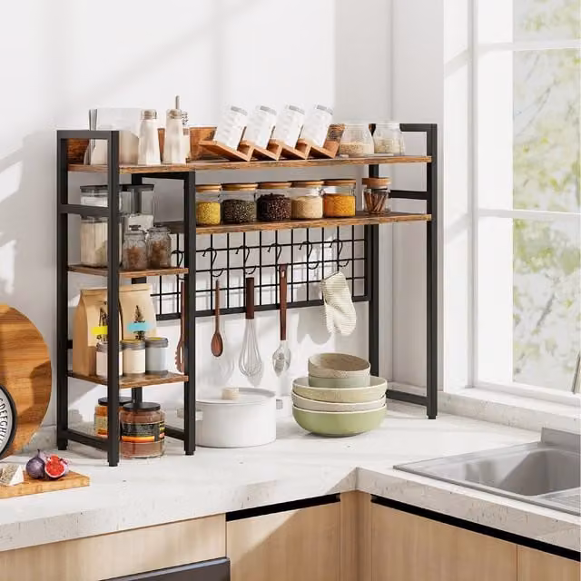 COSTWAY Freestanding Industrial Wood Desktop Display Rack in Brown