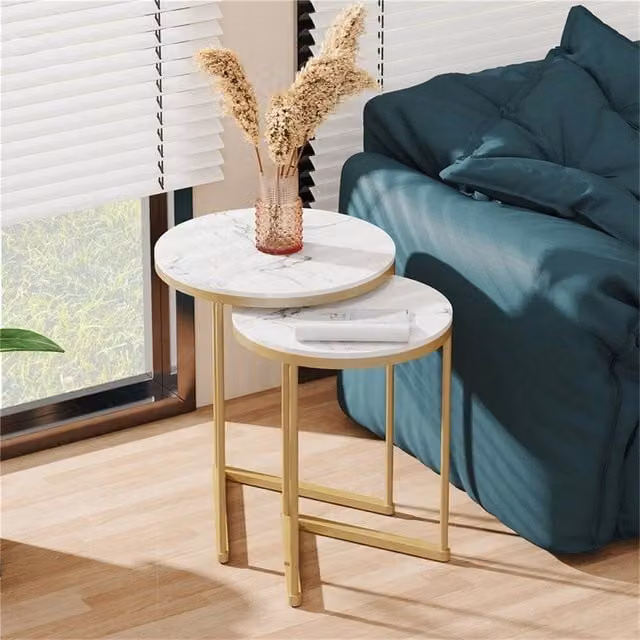 VOGREX Round Marble Nesting Coffee and Side Tables in White and Multicolour – 1