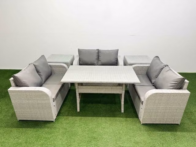 Fimous 6 Seater PE Wicker Rattan Garden Furniture Set in Light Grey with Rectangular Dining Table, 2 Seater Love Sofa and 2 Side Tables
