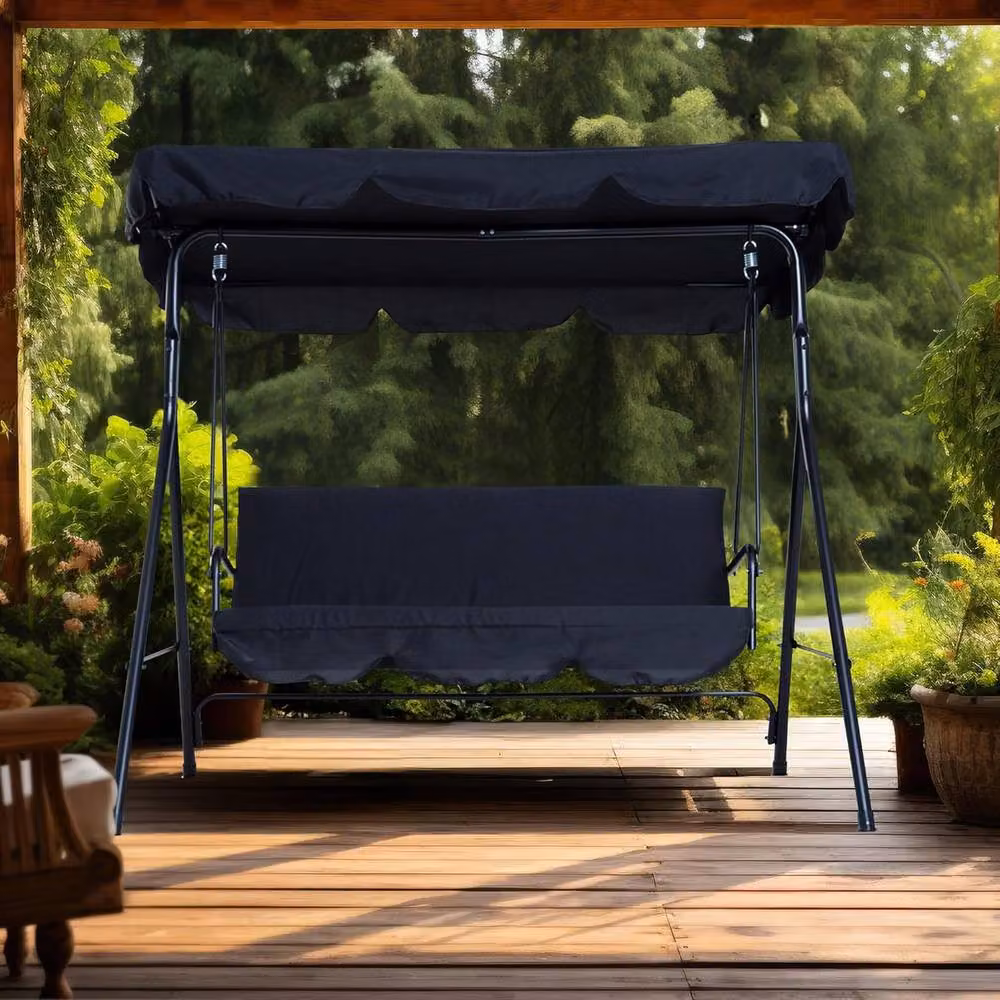 BARGAINS-GALORE 3 Seater Garden Swing Chair in Black with Sun Canopy and Cushions – 2