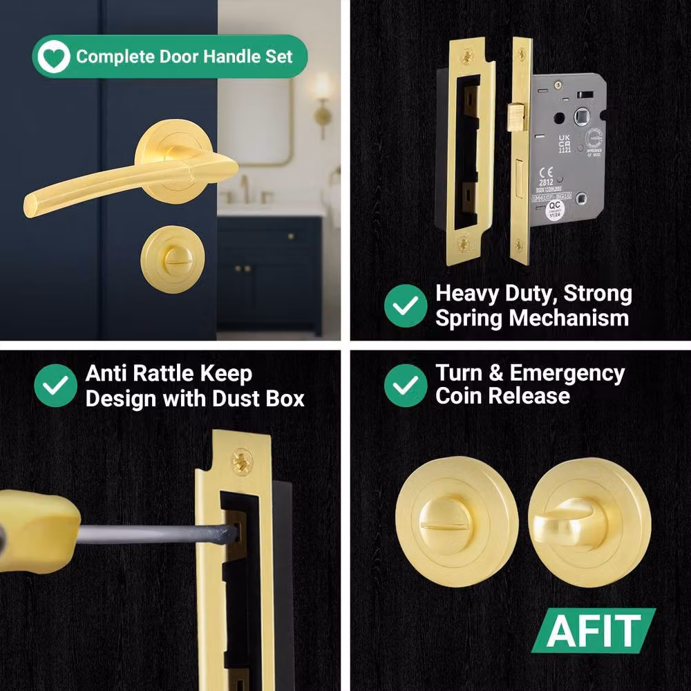 AFIT Gold Brass Bathroom Lever Handle and Rose Kit with Lock, 1 Pair – 6