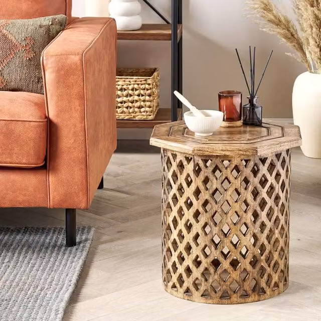 Wyld and Coco Mango Wood Side Table in Brown with Octagonal Top and Round Base, Diameter: 42 cm – 1