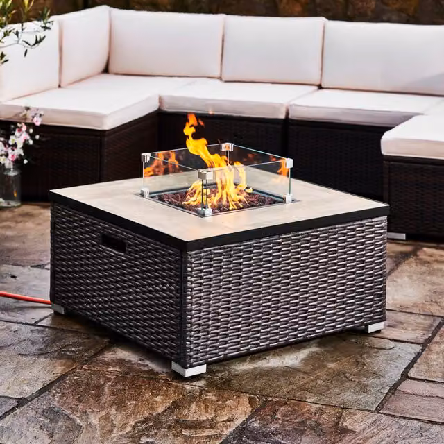 Teamson Home Brown Rattan Outdoor Propane Gas Fire Pit Table with Lid, Screen, Lava Rocks and Cover, W/D/H: 80 x 80 x 48.26 cm