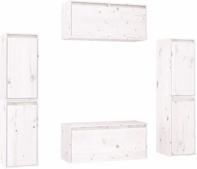Berkfield Home 6 Piece White Solid Wood Pine TV Cabinet Set with Tall Unit and Hinged Doors
