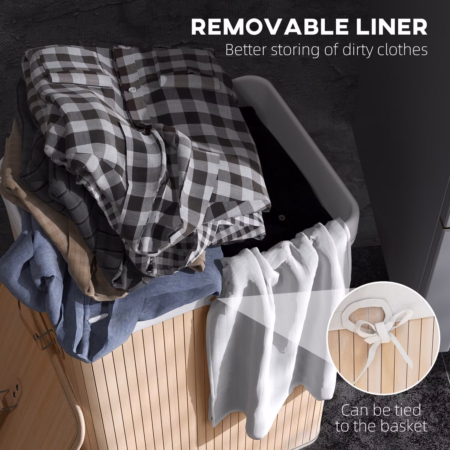 HOMCOM Bamboo Laundry Basket with Removable Fabric Bag, Brown, W/D/H: 40 x 30 x 60 cm – 3