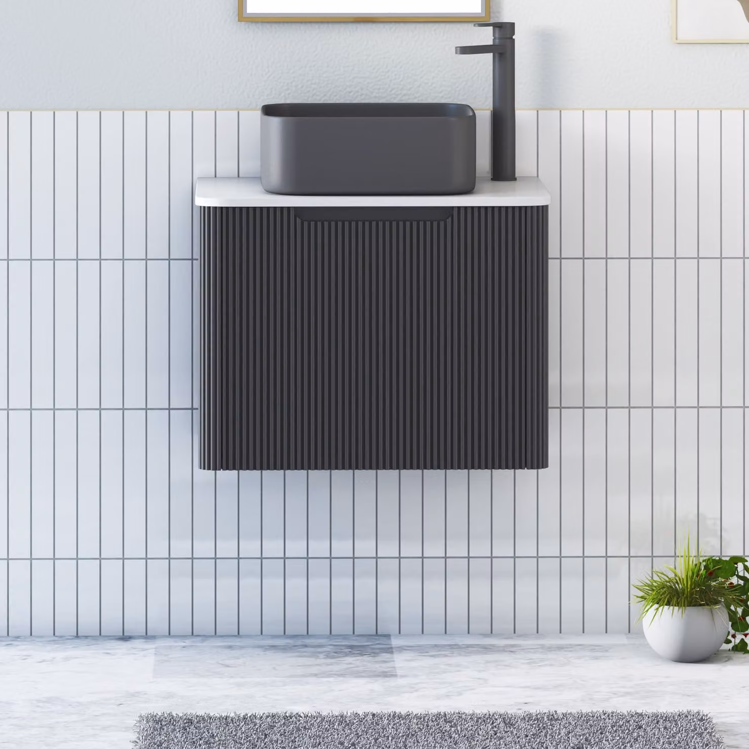 Royal Bathrooms Avenza Wall Hung Vanity Unit with Art Square Basin, Matt Obsidian Black and Plain White Worktop, 600mm
