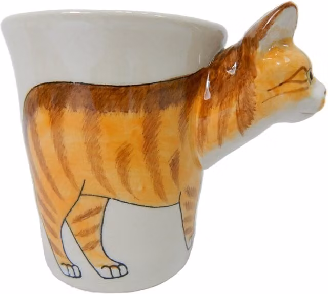 Thai Gifts Handmade Ceramic Ginger Cat Mug in White and Orange with 3D Handle