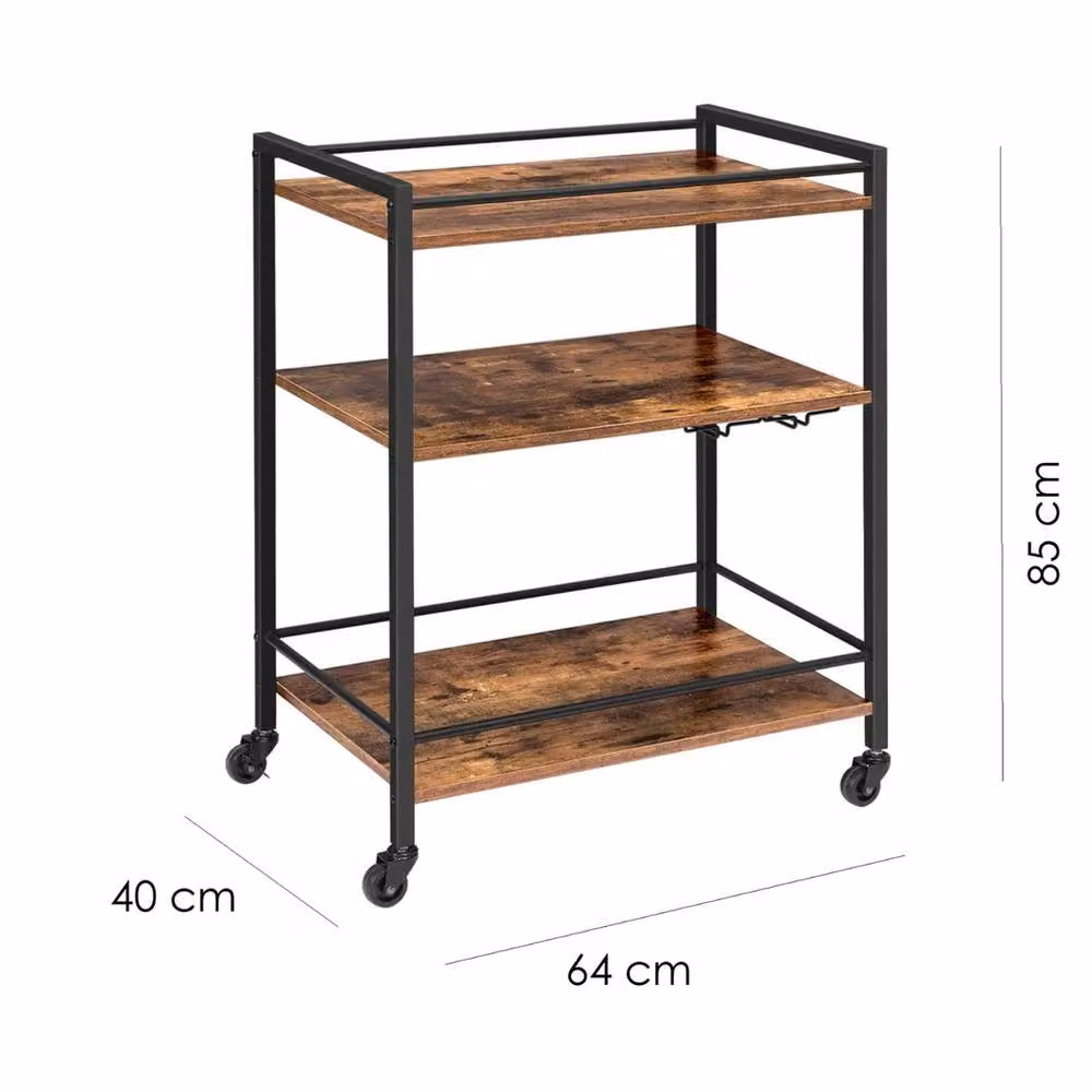 NESTLUNE 3 Tier Industrial Rustic Wooden Kitchen Trolley with Castors in Black – 2