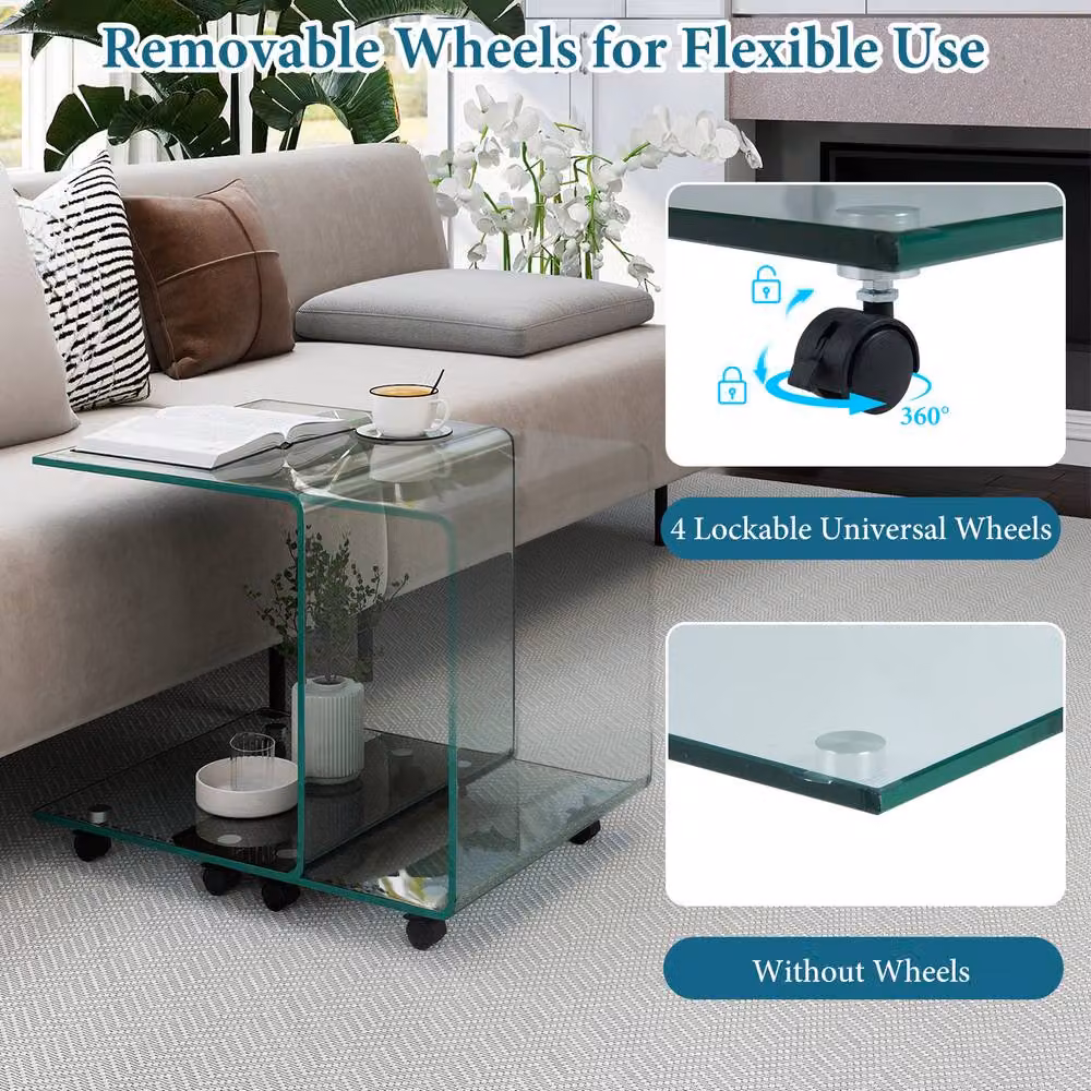 Gymax C-Shaped Tempered Glass Side Table with 2-Tier Shelf and 4 Lockable Wheels in Clear – 4