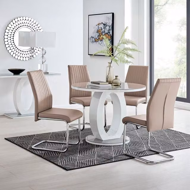 FurnitureboxUK Giovani Round Glass Dining Table and 4 Lorenzo Chairs Set in Grey and Beige, Diameter: 120 cm