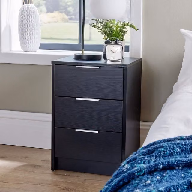 Home Source Phoenix 3 Drawer Bedside Table in Black
