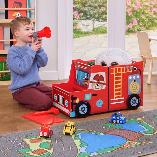 Liberty House Toys Kids Fire Engine Toy Box in Red Glossy Wood with Removable Lid – 1
