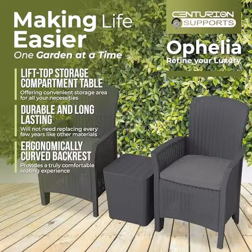 Centurion Supports Ophelia 3-Piece Black PU Rattan Wicker Garden Furniture Set with High Back Armchairs, Side Table and Cushion Storage – 4
