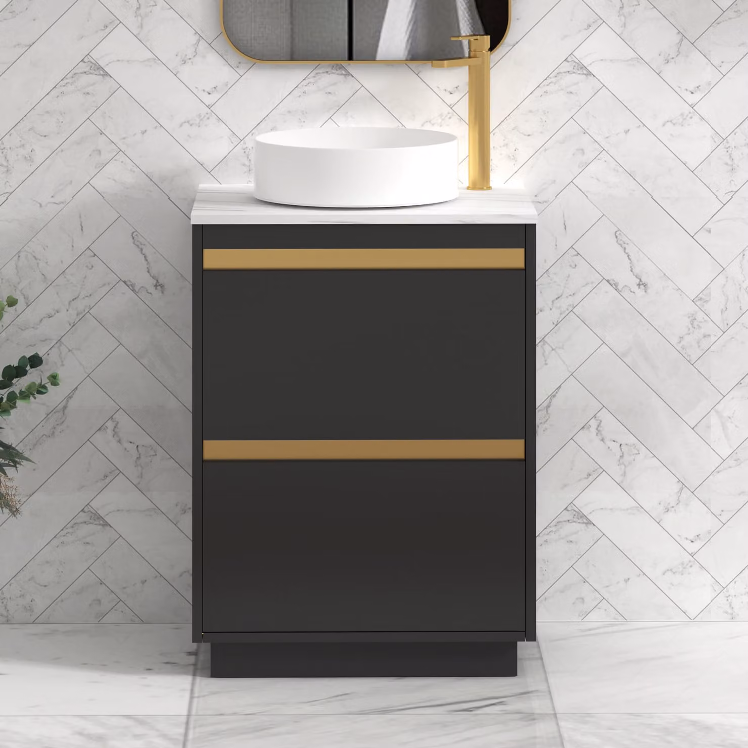 Royal Bathrooms Orion 600mm Matt Obsidian Black Floor Standing Countertop Vanity Unit with 2 Drawers, Art Basin and Brushed Brass Accent Trim