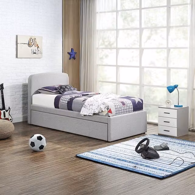 Home Treats Modern Children's Upholstered Trundle Pull Out Bed in Grey