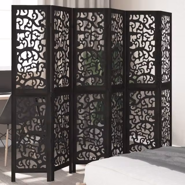 Berkfield Home 6 Panel Black Solid Wood Paulownia Room Divider – 1