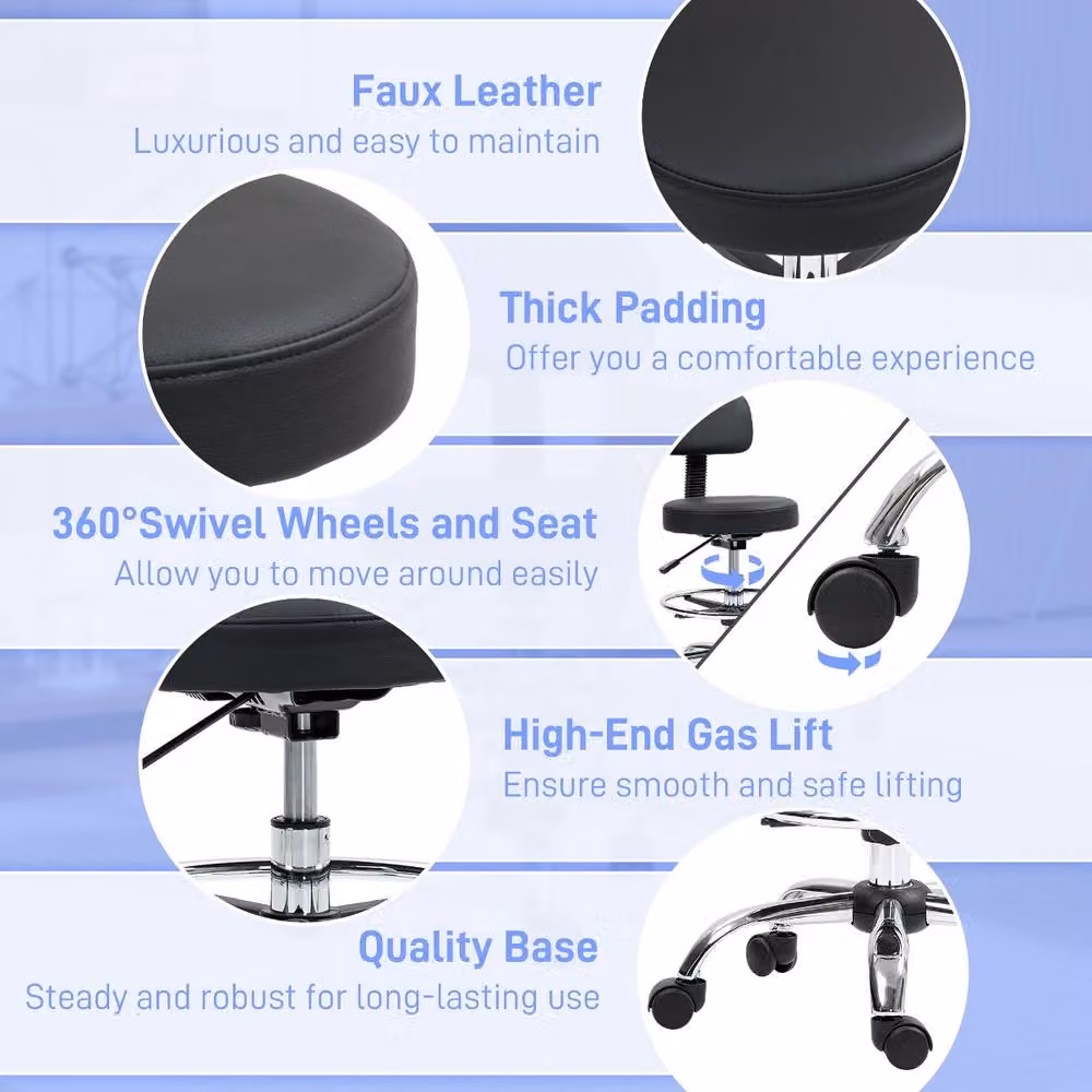 Rolipo Black Synthetic Leather Drafting Office Chair with Adjustable Height, Footring and 360 Degree Swivel – 5