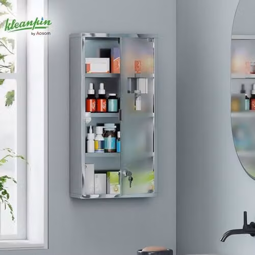 HOMCOM Wall-Mounted Silver Medicine Cabinet with Lockable Glass Doors and Internal Shelves, H: 60 cm, W: 30 cm, D: 12 cm – 2
